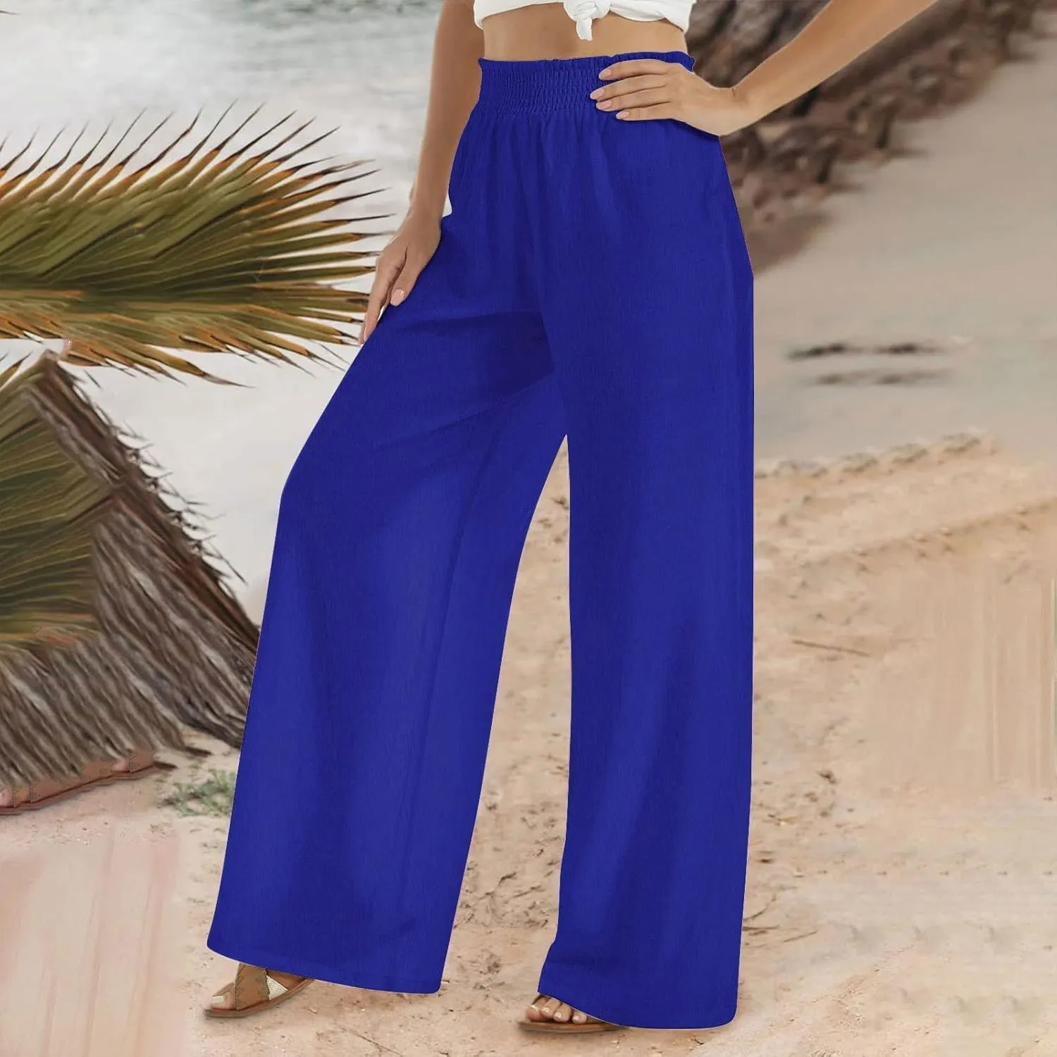 Women Linen Palazzo Pants Wide Leg High Waist Pants Summer Comfy Lounge Pant Drawstring Boho Trousers 2025