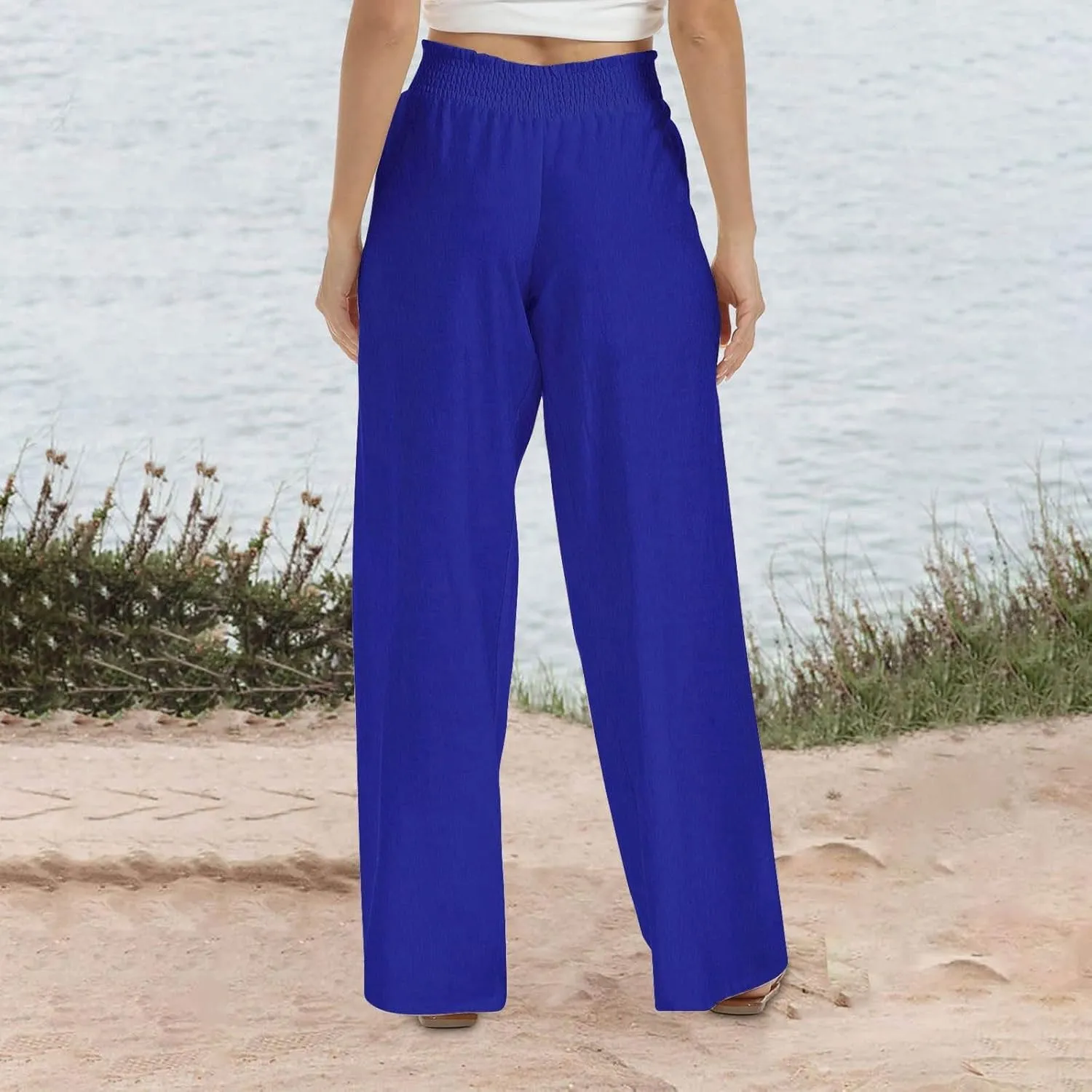 Women Linen Palazzo Pants Wide Leg High Waist Pants Summer Comfy Lounge Pant Drawstring Boho Trousers 2025