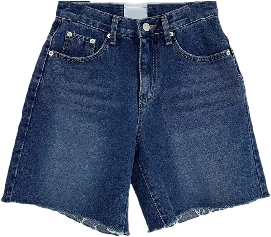 Women's Blue Pocket Straight Jeans, High Waist Button Street Style Harem Pants