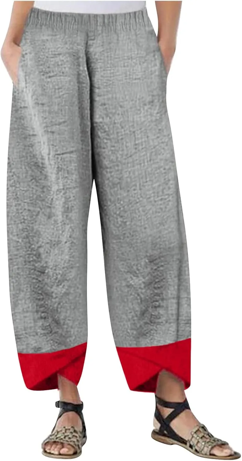 Womens Capri Pants for Summer Petite Length Linen Capris Cropped Pants Plus Size Drawstring Elastic High Waist Joggers