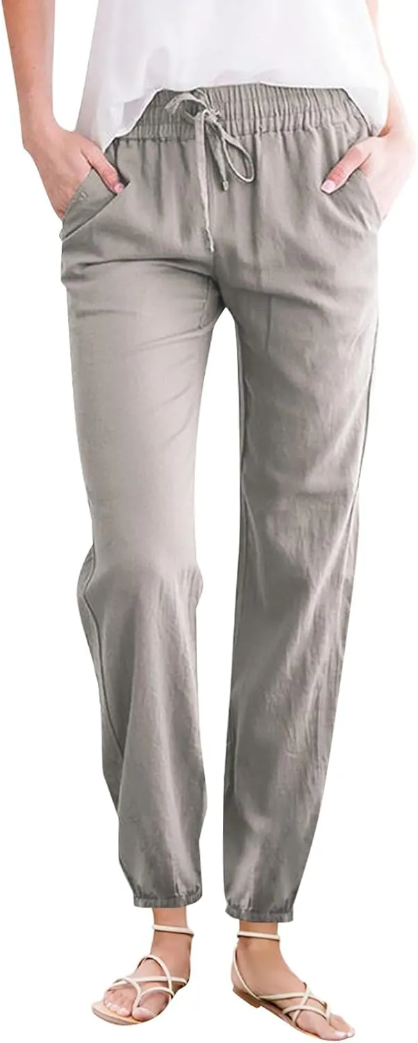 Womens Cotton Linen Casual Pants Straight Leg Drawstring Sweatpants Elastic High Waist Summer Trousers with Pockets