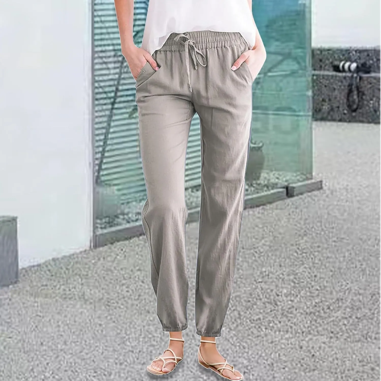 Womens Cotton Linen Casual Pants Straight Leg Drawstring Sweatpants Elastic High Waist Summer Trousers with Pockets