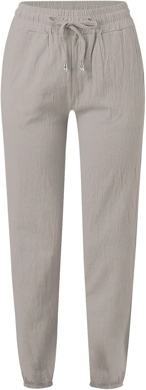 Womens Cotton Linen Casual Pants Straight Leg Drawstring Sweatpants Elastic High Waist Summer Trousers with Pockets
