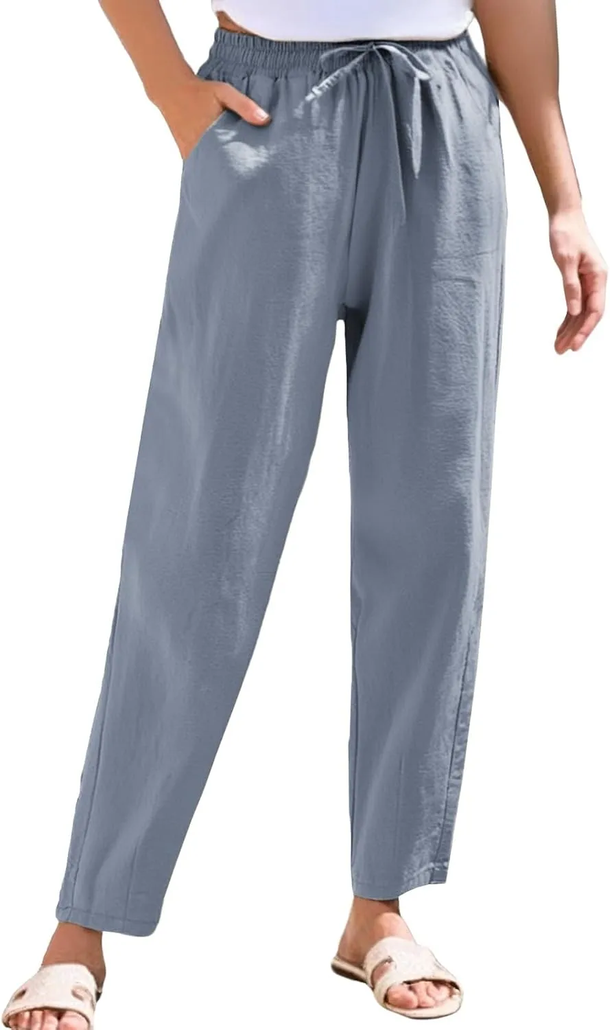 Womens Linen Pants Straight Leg Beach Palazzo Pants Casual Elastic Drawstring Waist Boho Lounge Pants with Pockets