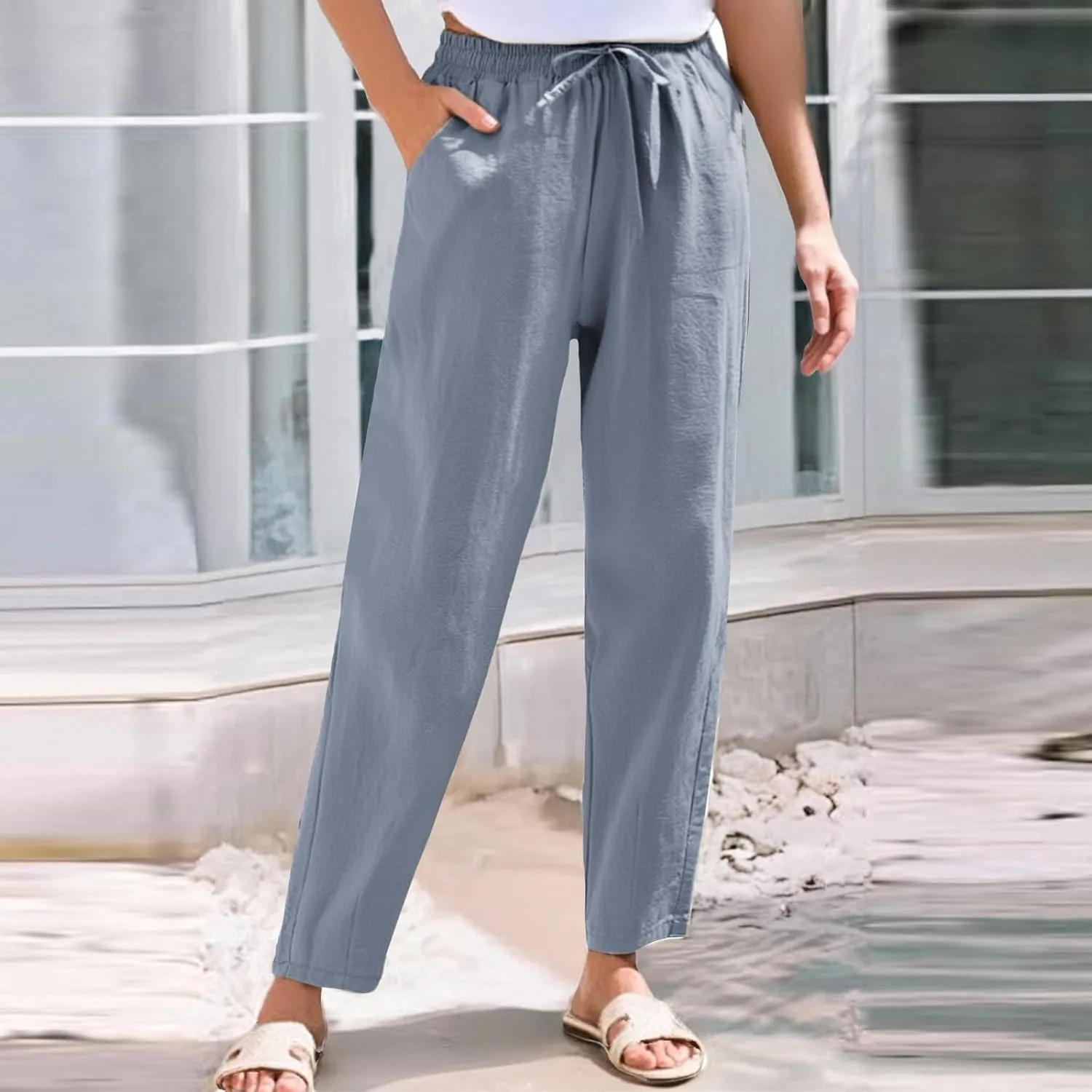 Womens Linen Pants Straight Leg Beach Palazzo Pants Casual Elastic Drawstring Waist Boho Lounge Pants with Pockets