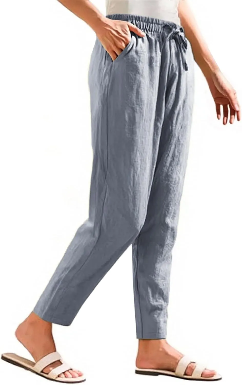Womens Linen Pants Straight Leg Beach Palazzo Pants Casual Elastic Drawstring Waist Boho Lounge Pants with Pockets